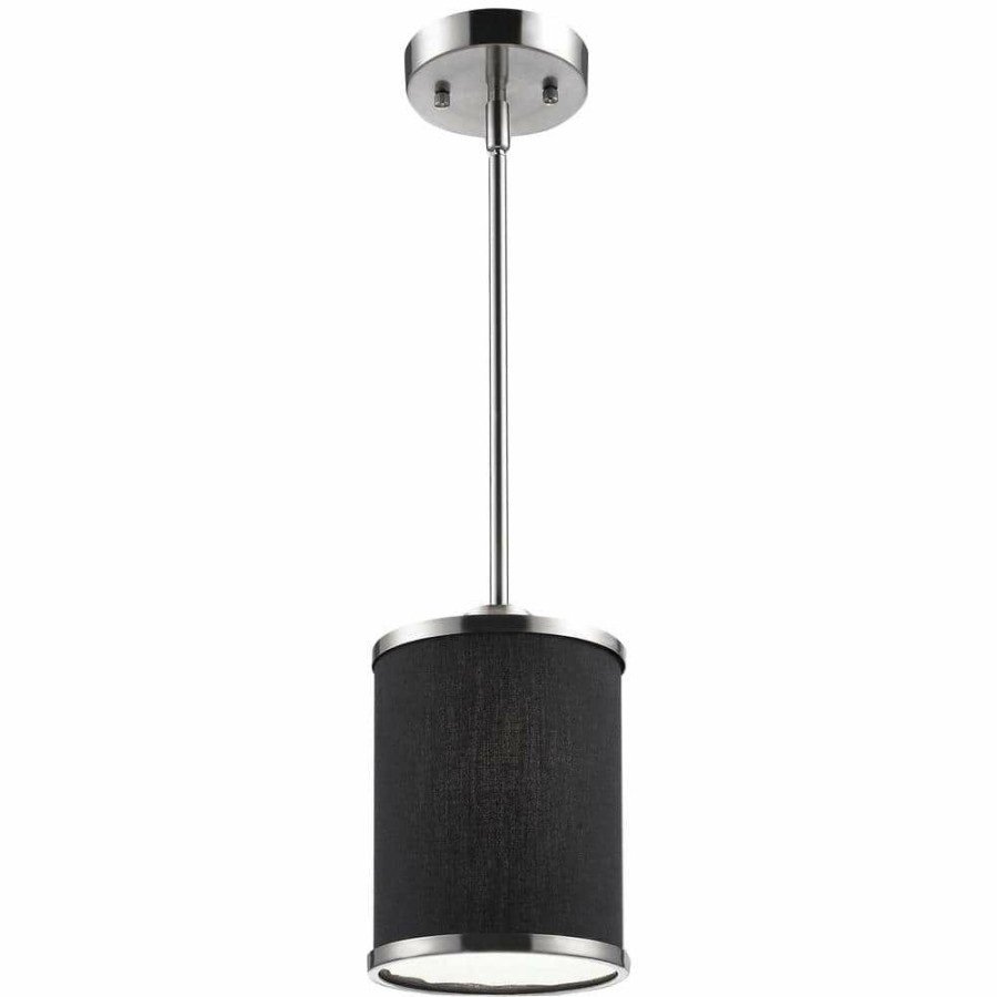 Flush Mount Lights * | Medford Collection 1-Light Satin Nickel Hanging Lamp With Black Fabric Shade By Beldi