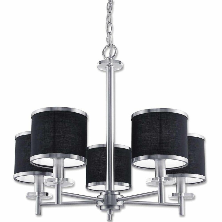 Outdoor Lighting * | Medford Collection 5-Light Satin Nickel Chandelier With Black Fabric Shade By Beldi