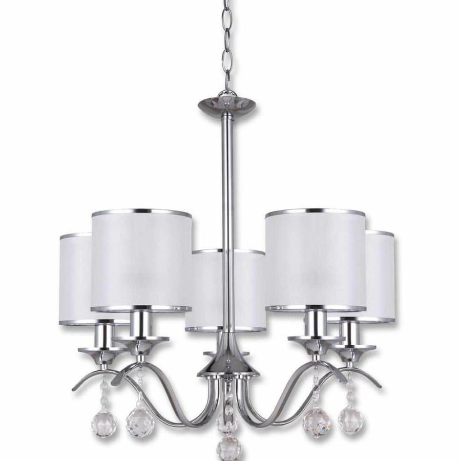 Outdoor Lighting * | Portland 5-Light Chrome Chandelier White Fabric Shade 5 Bulbs By Beldi